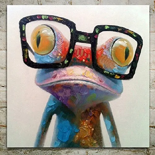 MUZAGROO ART HAND PAINTED OIL PAINTING HAPPY FROG ON CANVAS FOR LIVING ROOM LARGE SIZE ART STRETCHED (32X32INCH, HAPPY FROG)