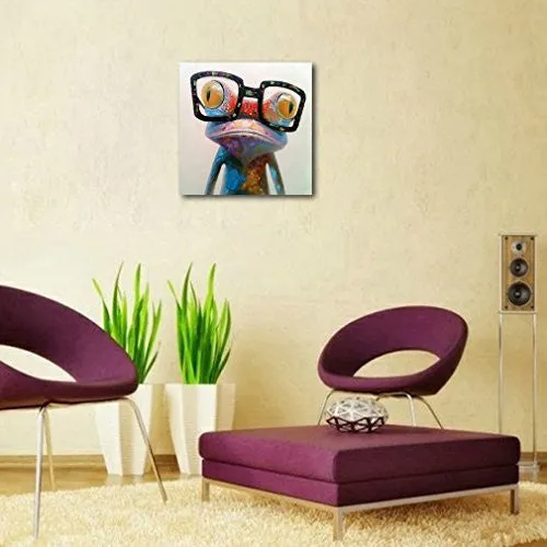 MUZAGROO ART HAND PAINTED OIL PAINTING HAPPY FROG ON CANVAS FOR LIVING ROOM LARGE SIZE ART STRETCHED (32X32INCH, HAPPY FROG)