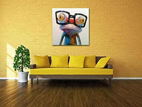 MUZAGROO ART HAND PAINTED OIL PAINTING HAPPY FROG ON CANVAS FOR LIVING ROOM LARGE SIZE ART STRETCHED (32X32INCH, HAPPY FROG)