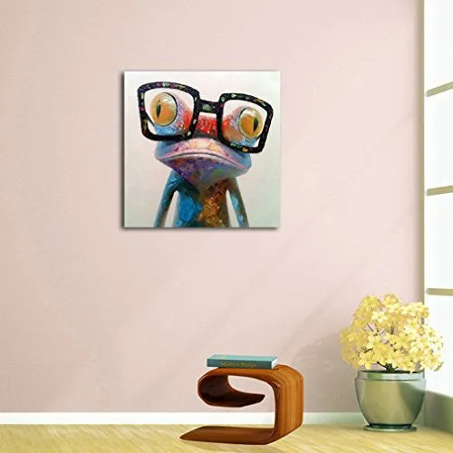 MUZAGROO ART HAND PAINTED OIL PAINTING HAPPY FROG ON CANVAS FOR LIVING ROOM LARGE SIZE ART STRETCHED (32X32INCH, HAPPY FROG)