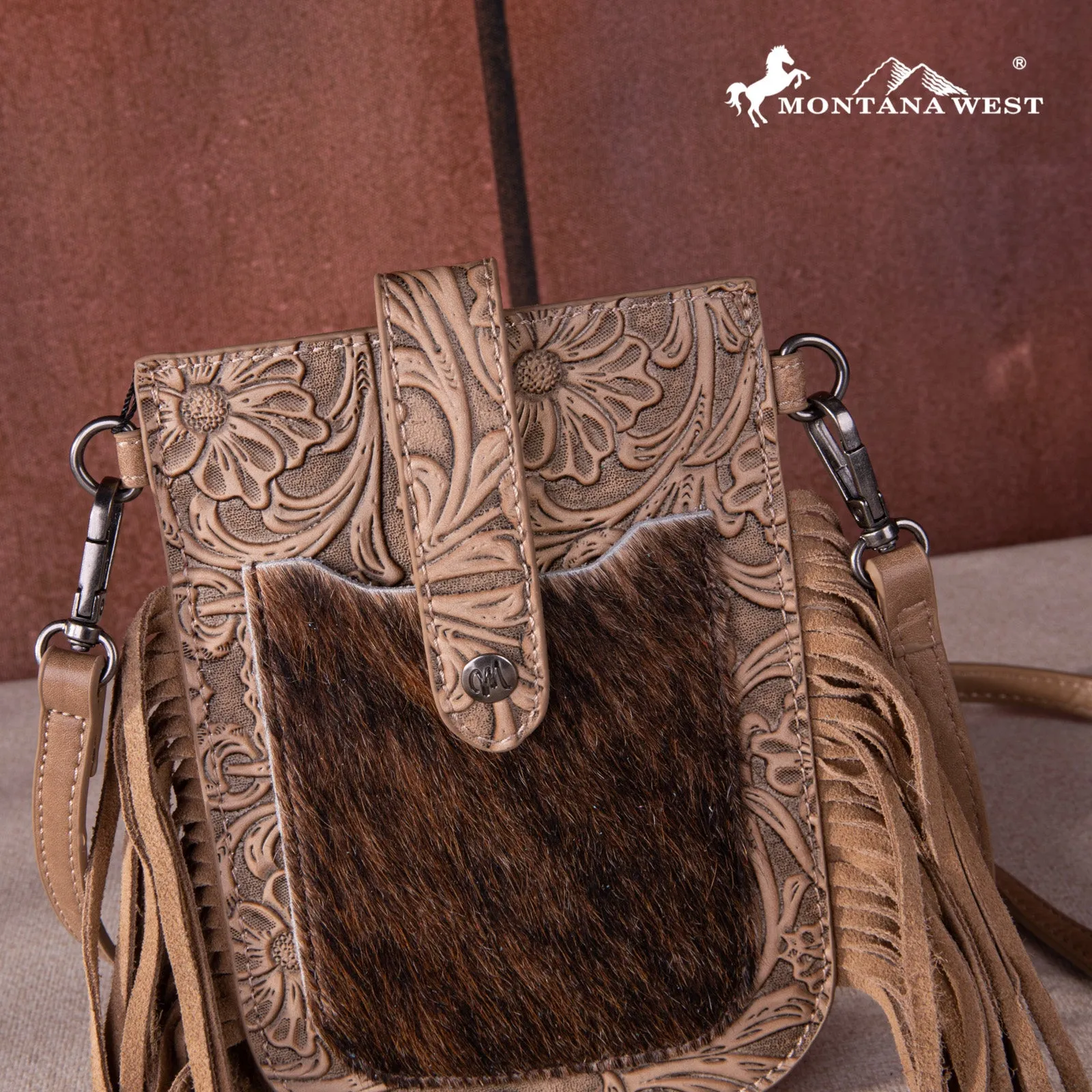 MW1263-200 Montana West Hair-On Cowhide Fringe Phone Wallet Crossbody