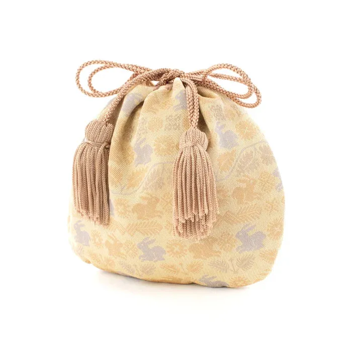 Nishijin-ori Small Drawstring Bag - Flower and Rabbit / Cream Yellow -,  Made in Kyoto, Japan,  Japanese traditional craft purse