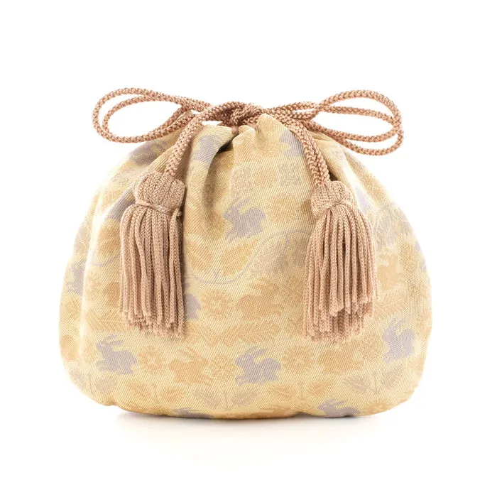 Nishijin-ori Small Drawstring Bag - Flower and Rabbit / Cream Yellow -,  Made in Kyoto, Japan,  Japanese traditional craft purse