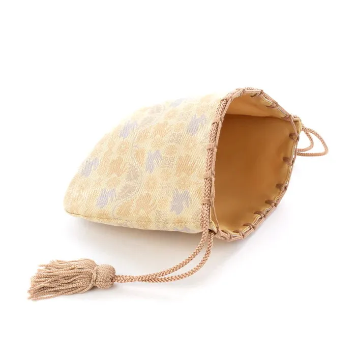 Nishijin-ori Small Drawstring Bag - Flower and Rabbit / Cream Yellow -,  Made in Kyoto, Japan,  Japanese traditional craft purse