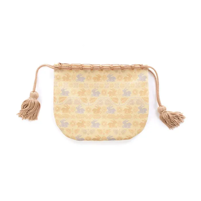 Nishijin-ori Small Drawstring Bag - Flower and Rabbit / Cream Yellow -,  Made in Kyoto, Japan,  Japanese traditional craft purse