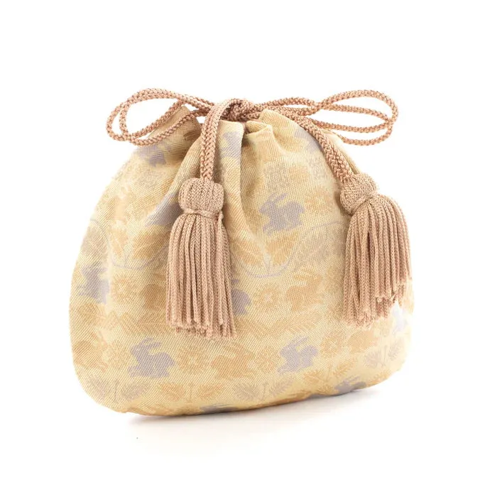 Nishijin-ori Small Drawstring Bag - Flower and Rabbit / Cream Yellow -,  Made in Kyoto, Japan,  Japanese traditional craft purse