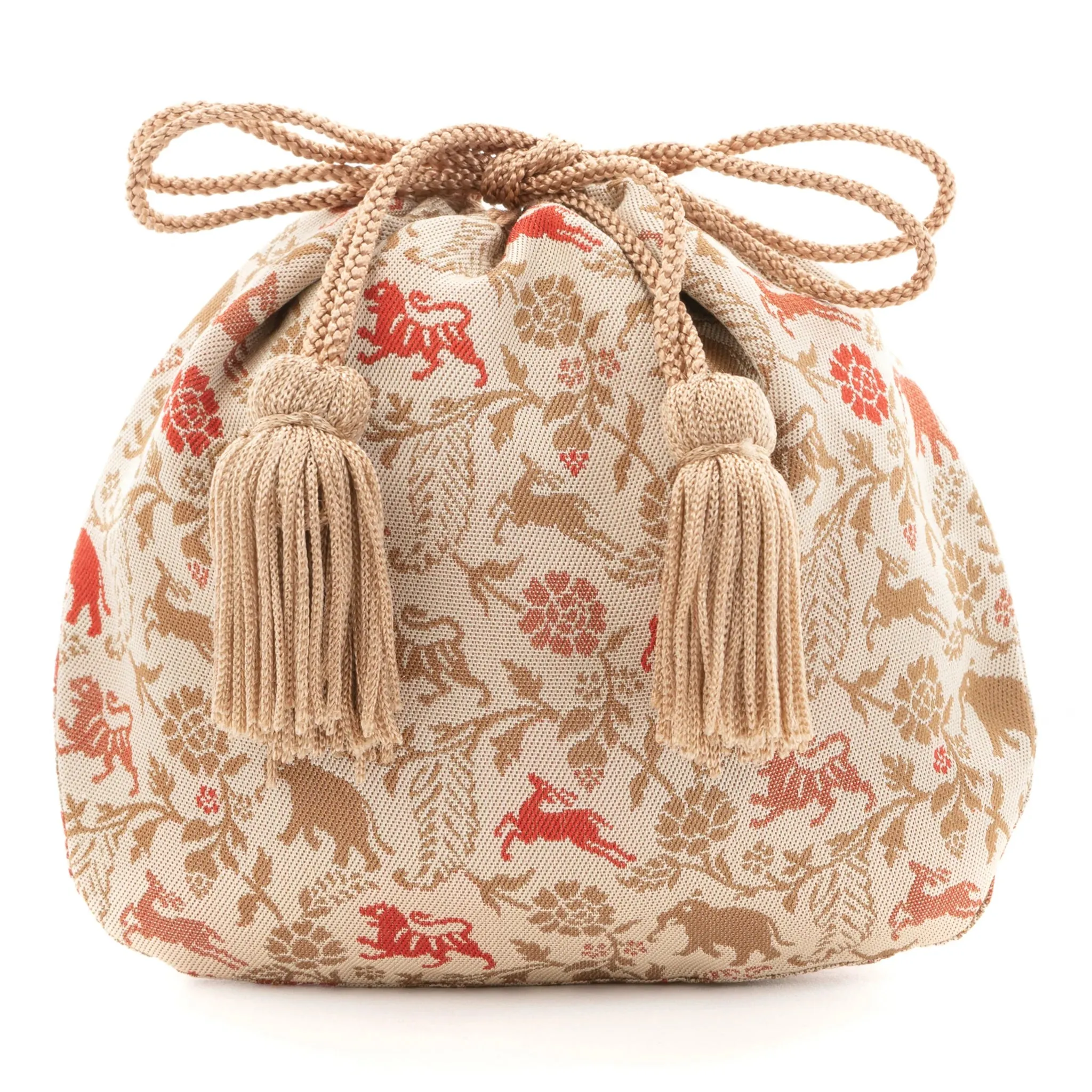 Nishijin-ori Small Drawstring Bag - Tiger / Cream -,  Made in Kyoto, Japan,  Japanese traditional craft purse