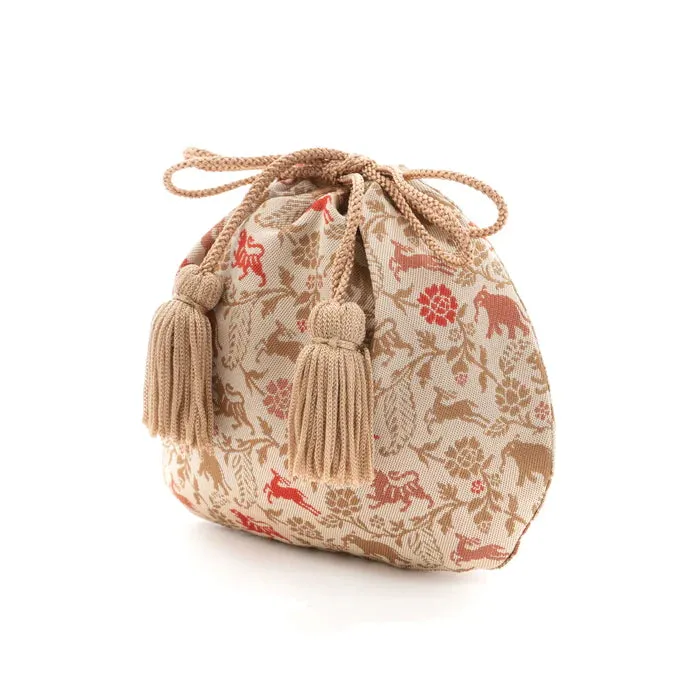 Nishijin-ori Small Drawstring Bag - Tiger / Cream -,  Made in Kyoto, Japan,  Japanese traditional craft purse