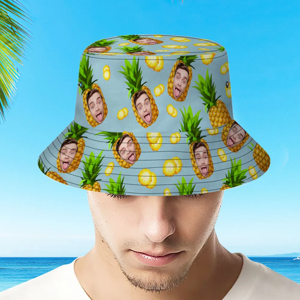 Personalised Photo Gift Funny Cartoon Pineapple Bucket Hat Hawaiian Fisherman Hat