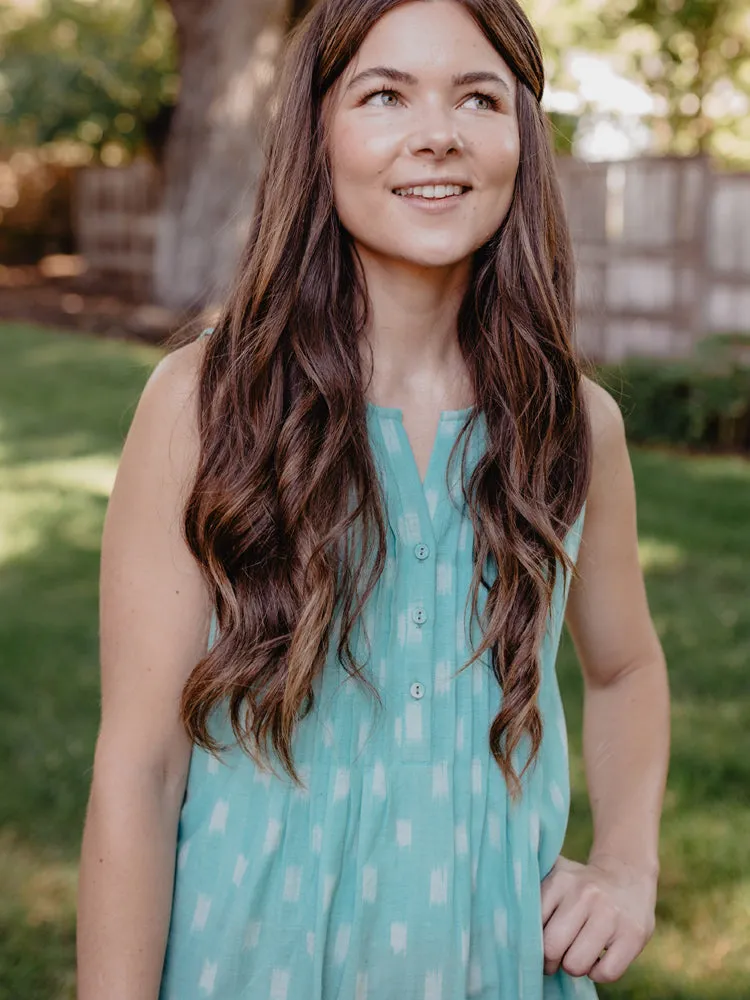 Pintucked Away Dress - Aqua Ikat