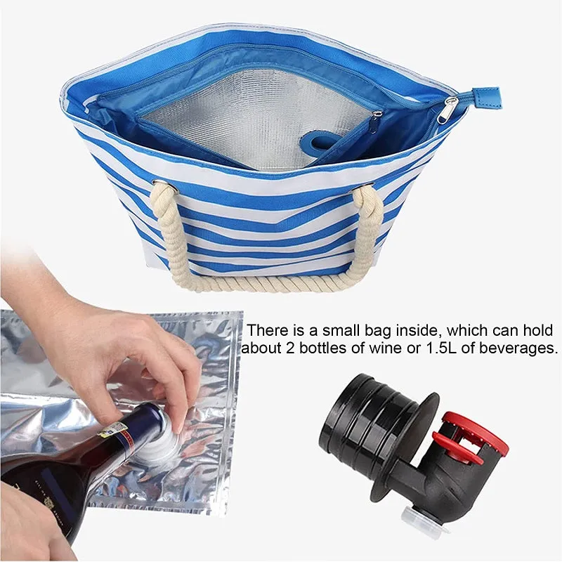 Portable Large Striped Picnic Bag with Hidden Insulated Compartment