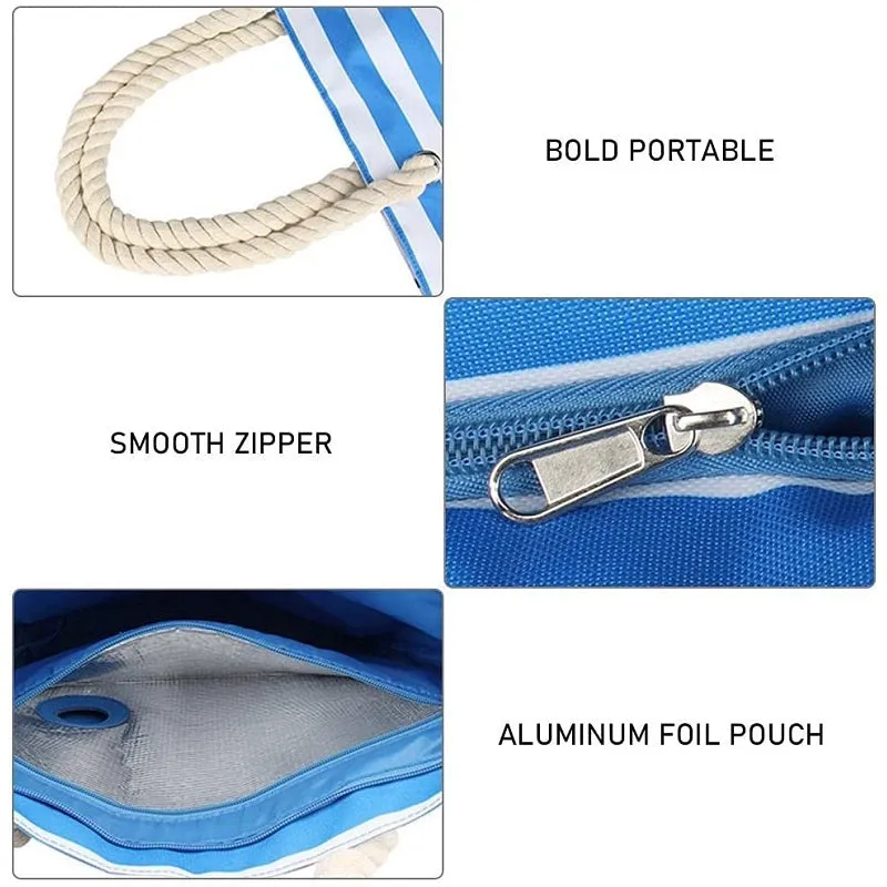 Portable Large Striped Picnic Bag with Hidden Insulated Compartment