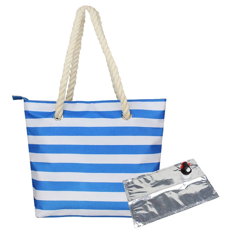 Portable Large Striped Picnic Bag with Hidden Insulated Compartment