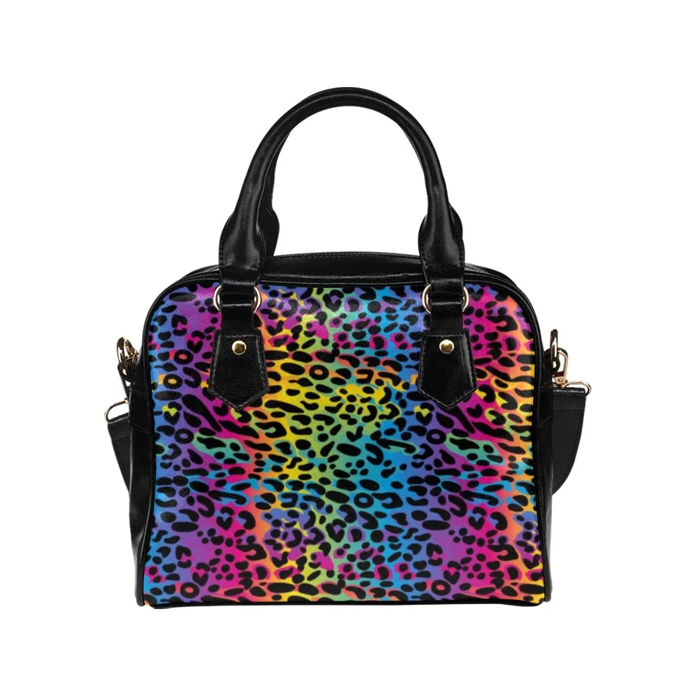 Rainbow Leopard Purse, Black Cheetah Cute Small Shoulder Bag High Vegan Leather Women Crossbody Designer Handbag Bag