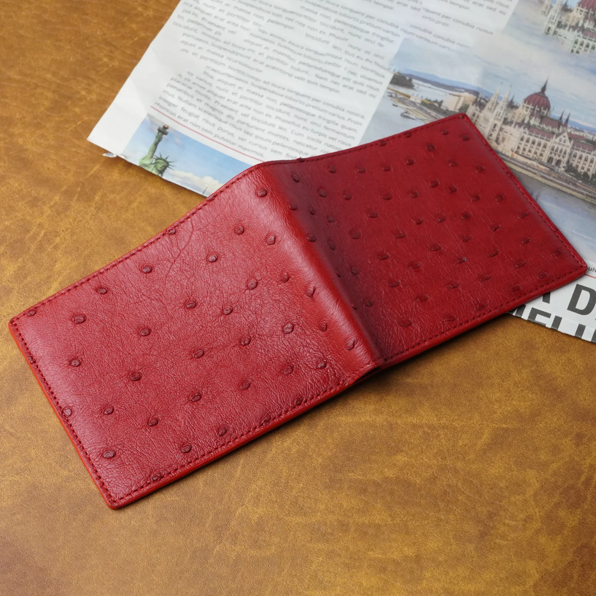 Red Black Double Side Ostrich Leather Bifold Handmade Wallet RFID Blocking | VINAMOS-71