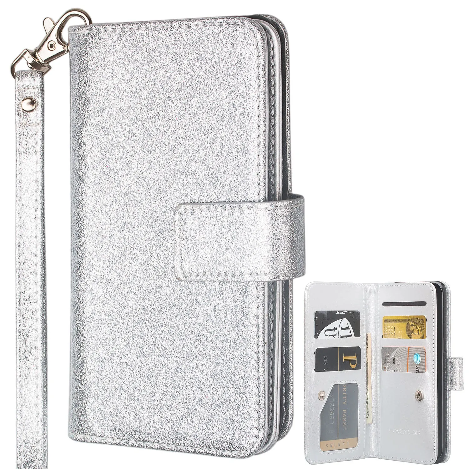 Samsung Galaxy J7 V / J7 (2017) / J7 Perx / J7 Sky Pro / J7 Prime / Galaxy Halo Case Wrist Strap Glitter Faux Leather Flip [Kickstand] Wallet Cover Wristlet - Silver