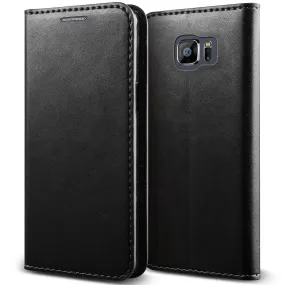 Samsung Galaxy S7 Genuine Leather Case, Magnetic Flip Fold[Kickstand] with ID & Card Slots Genuine Leather Wallet Case for Galaxy S7 - Black