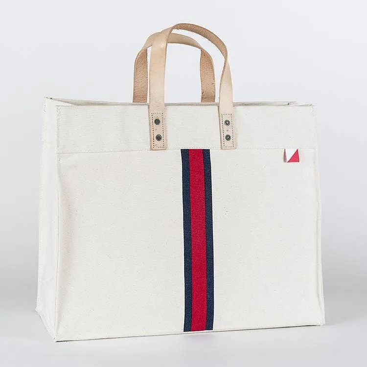 ShoreBags - Striped Box Tote Bag with Leather Handles