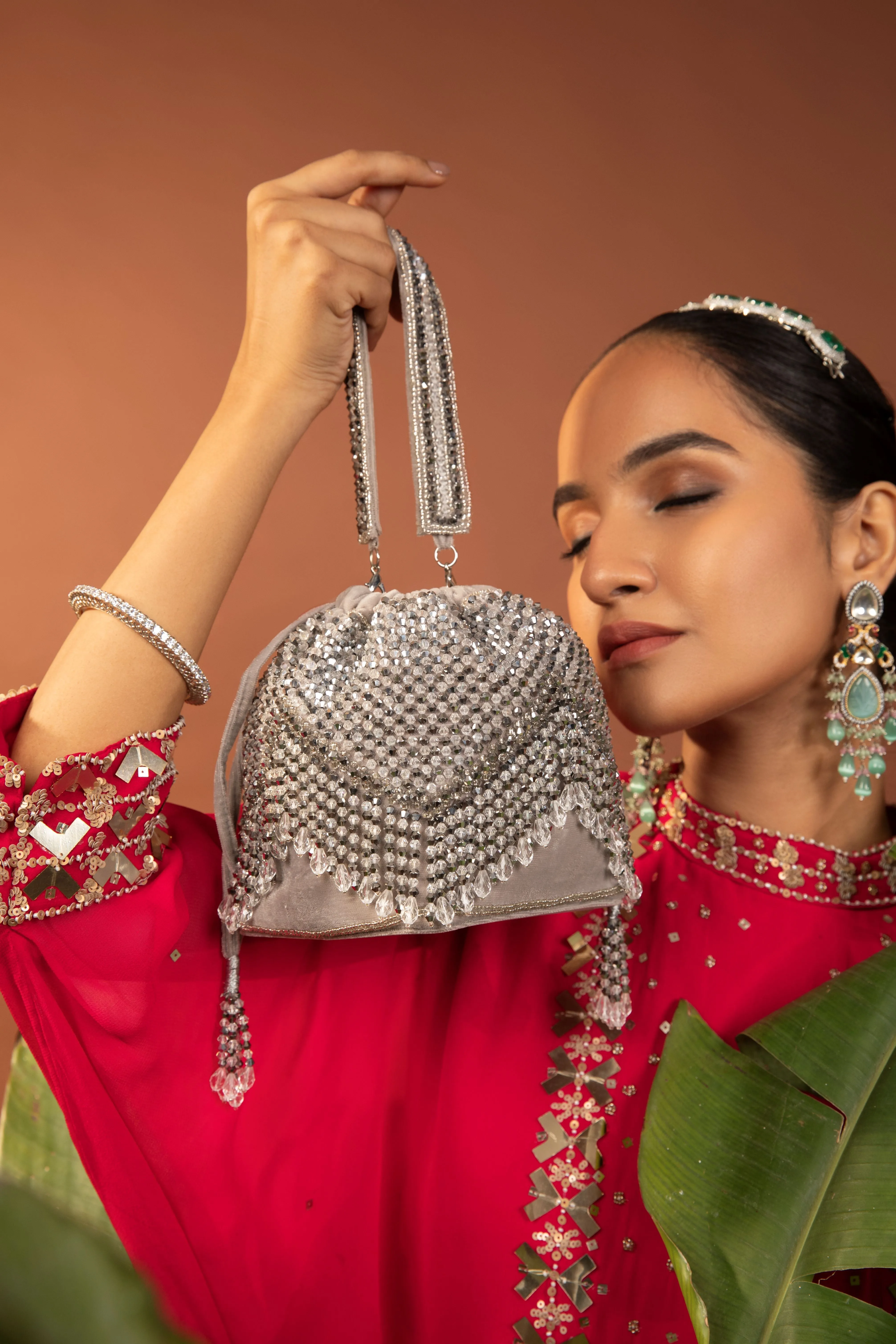 Silver Opal Potli with Handle, Embellished Ethnic Design