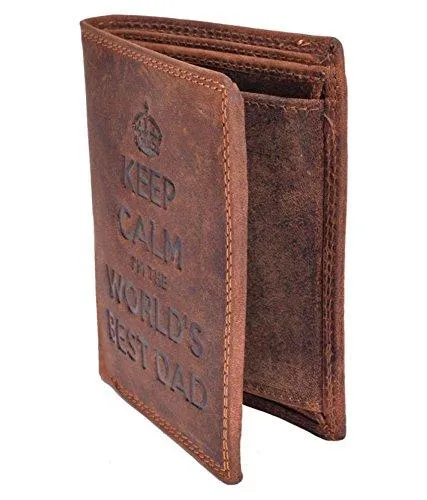 STARHIDE Keep Calm I'm The Worlds Best Dad Mens RFID Blocking Genuine Distressed Hunter Leather Wallet 705 Brown