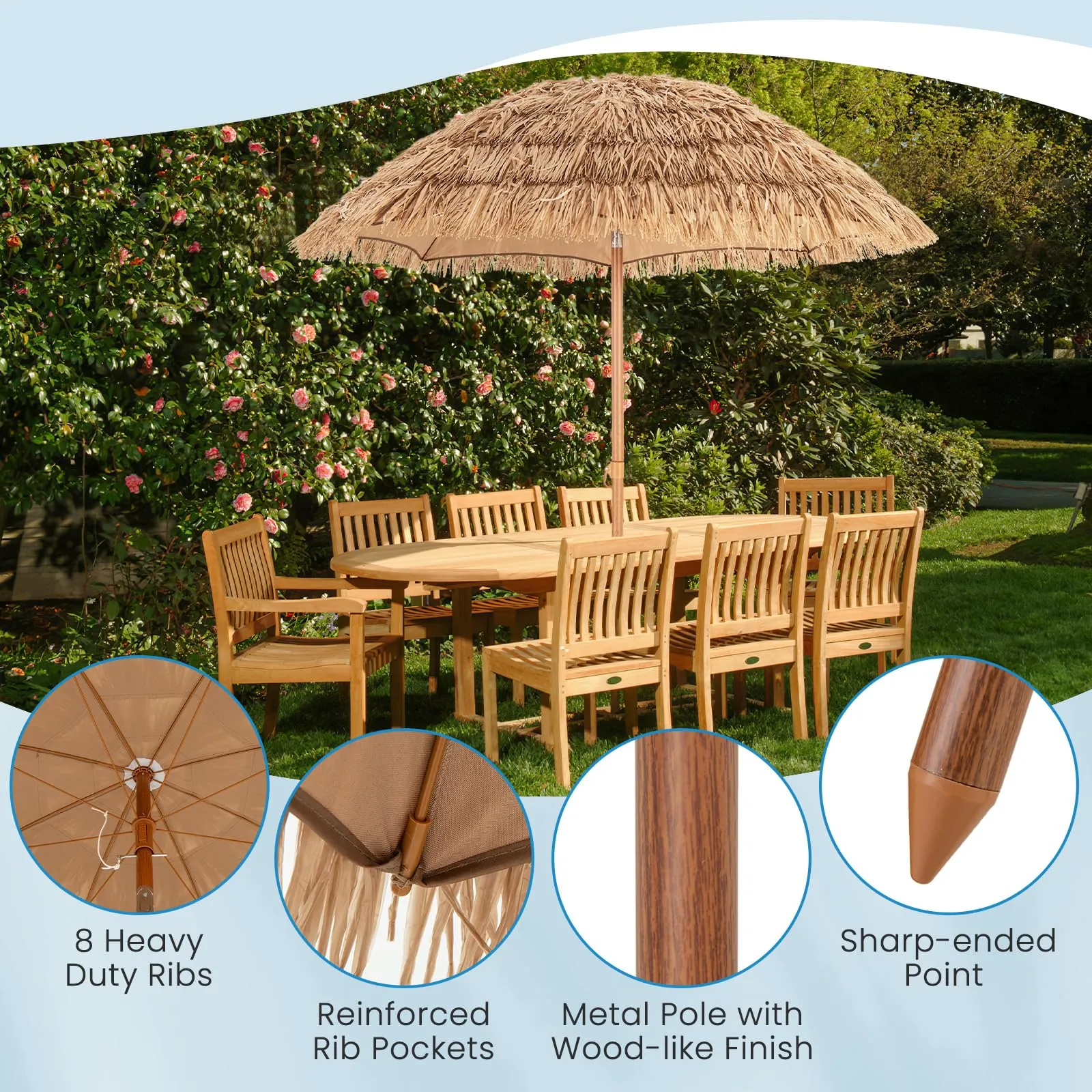 Tangkula 6.5Ft Tiki Patio Umbrella with Base, Hawaiian Style Outdoor PP Grass Umbrella