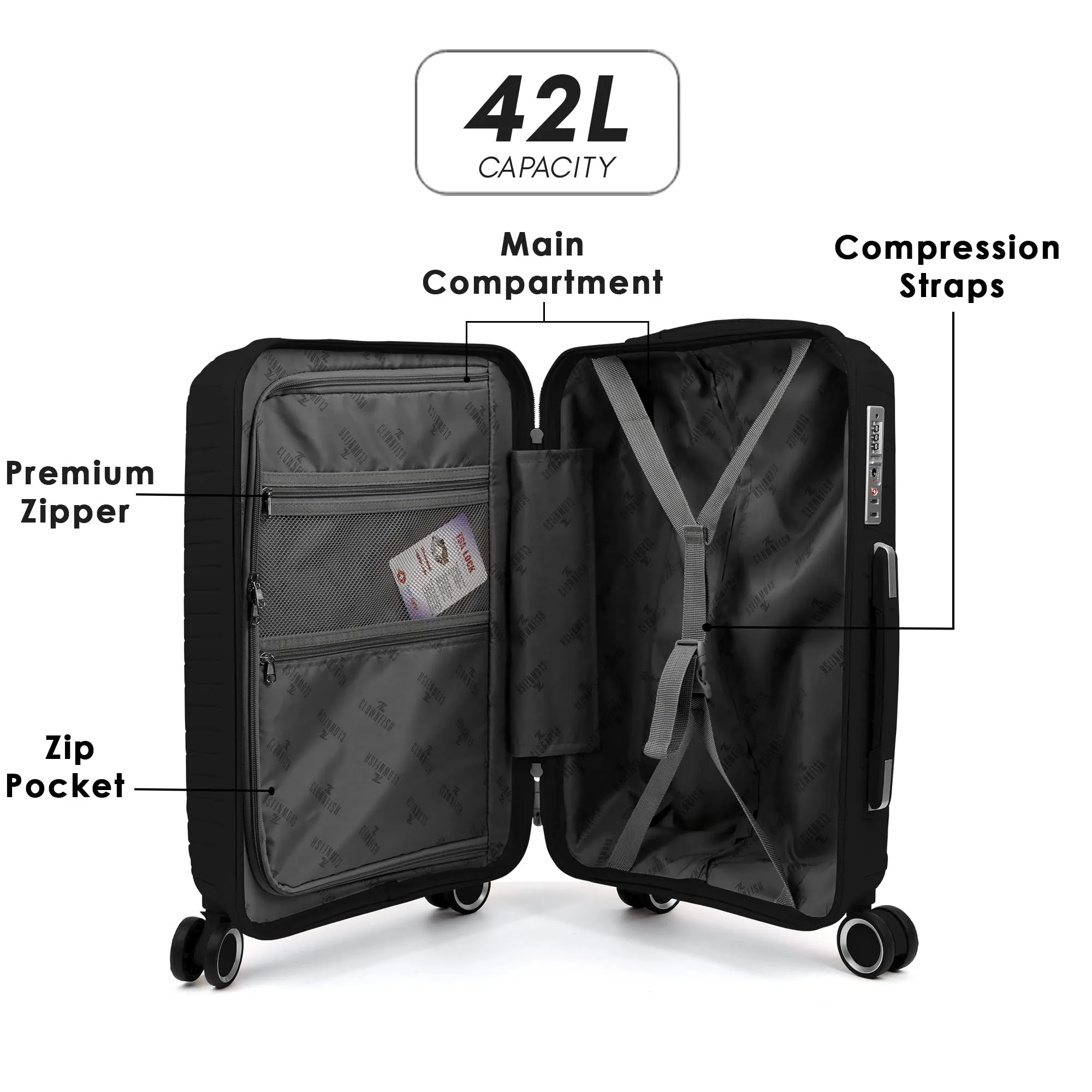 THE CLOWNFISH Denzel Series Luggage Polypropylene Hard Case Suitcase Eight Wheel Trolley Bag with TSA Lock- Black (Medium size, 66 cm-26 inch)