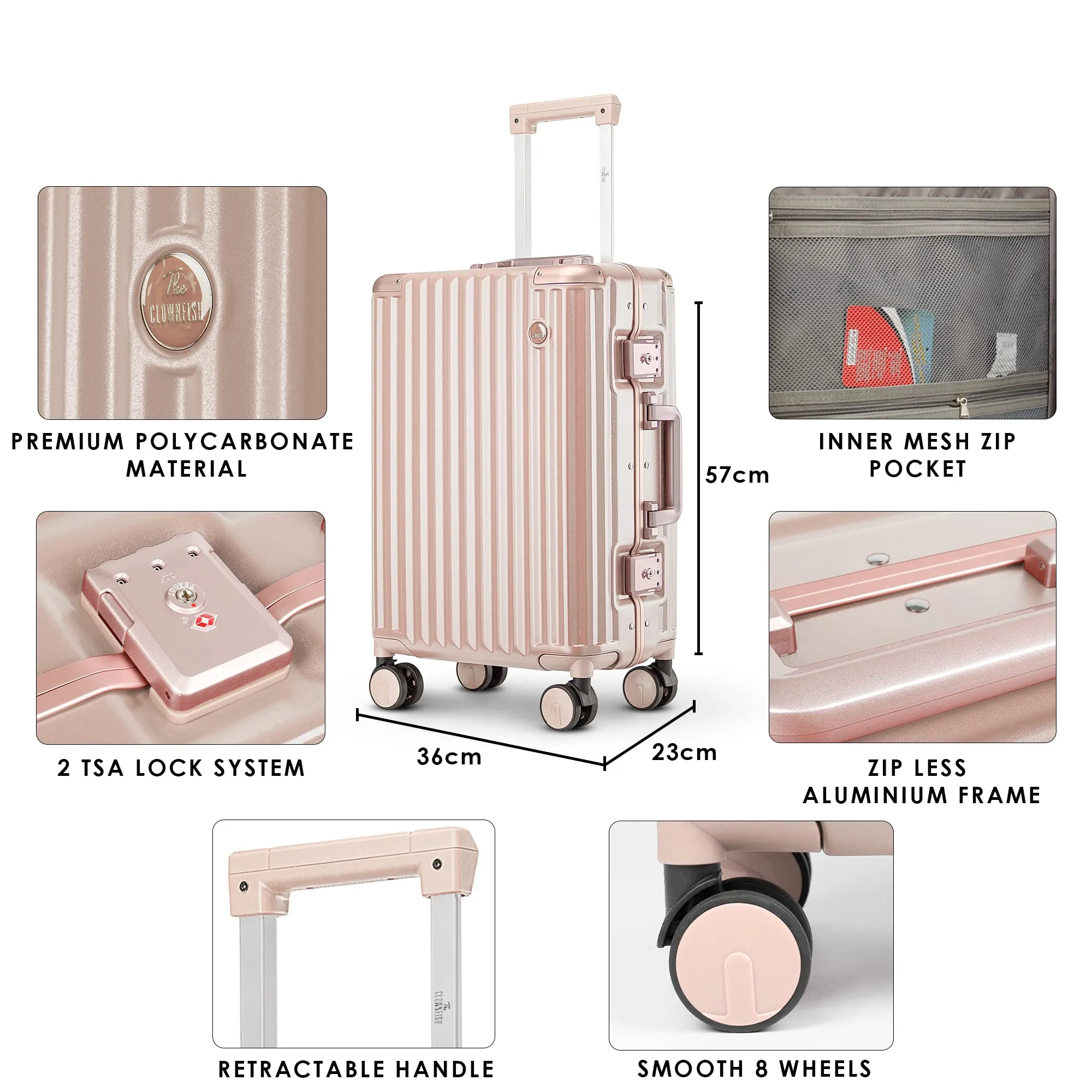 THE CLOWNFISH Stark Series Luggage PolyCarbonate Hard Case Suitcase Eight Wheel Trolley Bag with Double TSA Locks- Blush Pink (Medium size, 67 cm-24 inch)