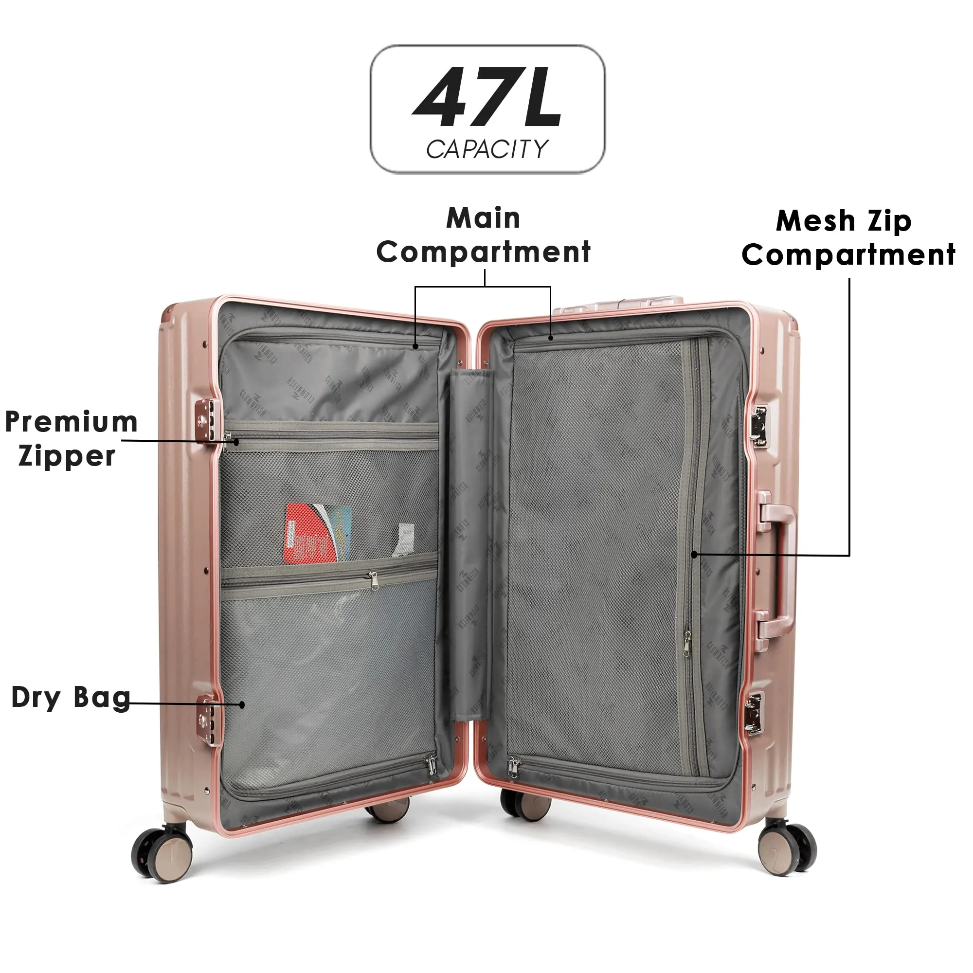 THE CLOWNFISH Stark Series Luggage PolyCarbonate Hard Case Suitcase Eight Wheel Trolley Bag with Double TSA Locks- Blush Pink (Medium size, 67 cm-24 inch)