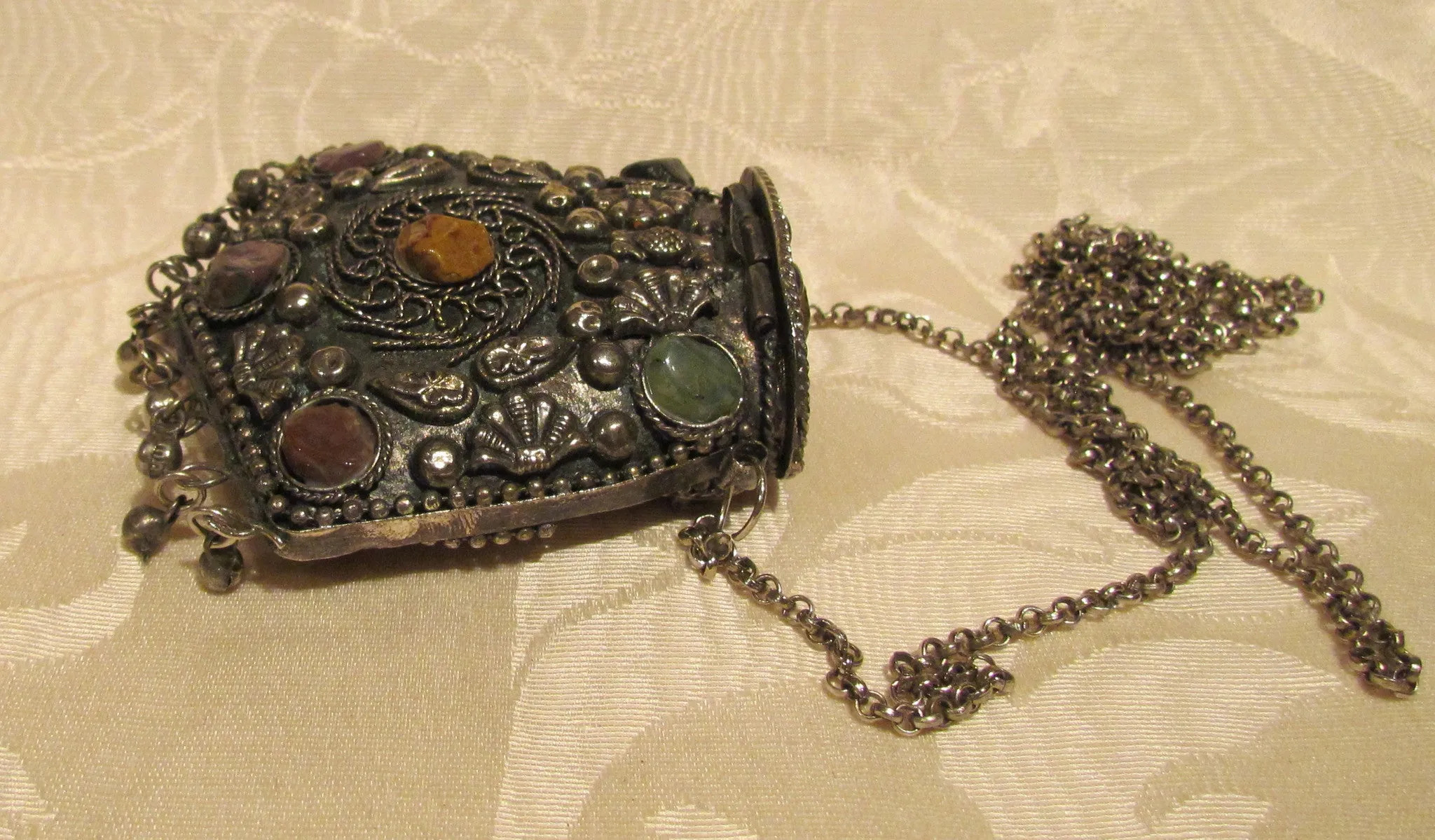 Tibetan Silver Coin Purse Shoulder Necklace Metal Change Purse Natural Stone Accents