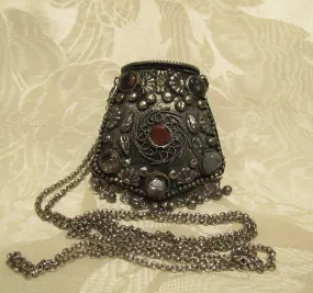 Tibetan Silver Coin Purse Shoulder Necklace Metal Change Purse Natural Stone Accents