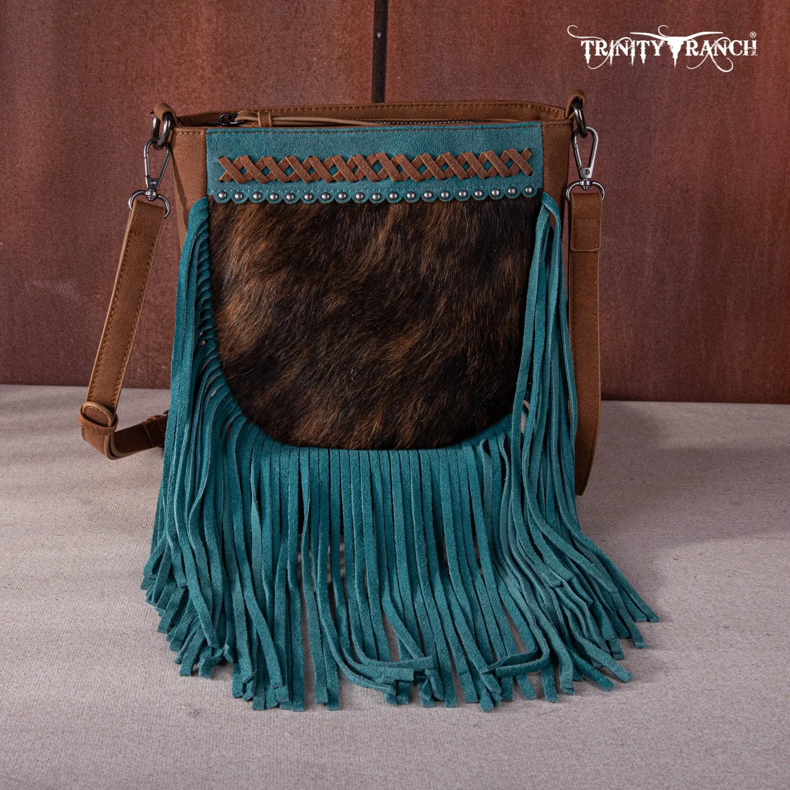 TR171-8360  Trinity Ranch Hair-On Cowhide Fringe Crossbody Bag -Brown