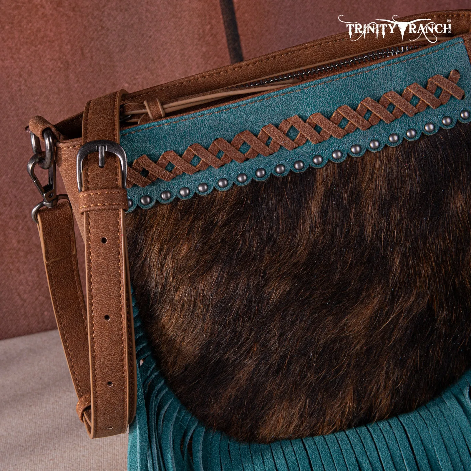 TR171-8360  Trinity Ranch Hair-On Cowhide Fringe Crossbody Bag -Brown