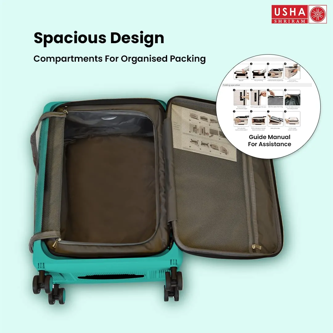 USHA SHRIRAM Cabin Bag (20 inch - 55cm) Collapsible Luggage Bag | Polypropylene Shell | Light Mint | Suitcase for Travel | 360 Degree Wheel & Lock | Foldable Trolley Bag for Travel