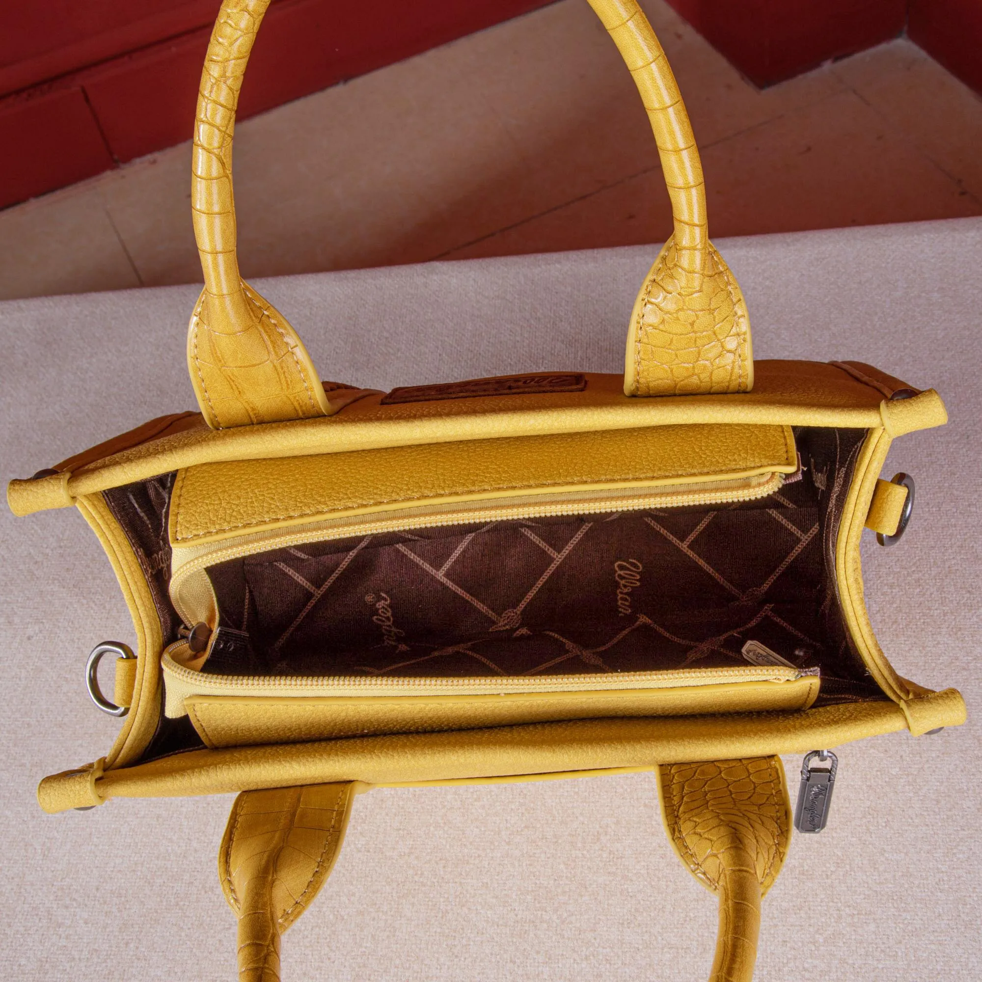 WG102-8120S  Wrangler Croc Print Concealed Carry Tote/Crossbody - Mustard