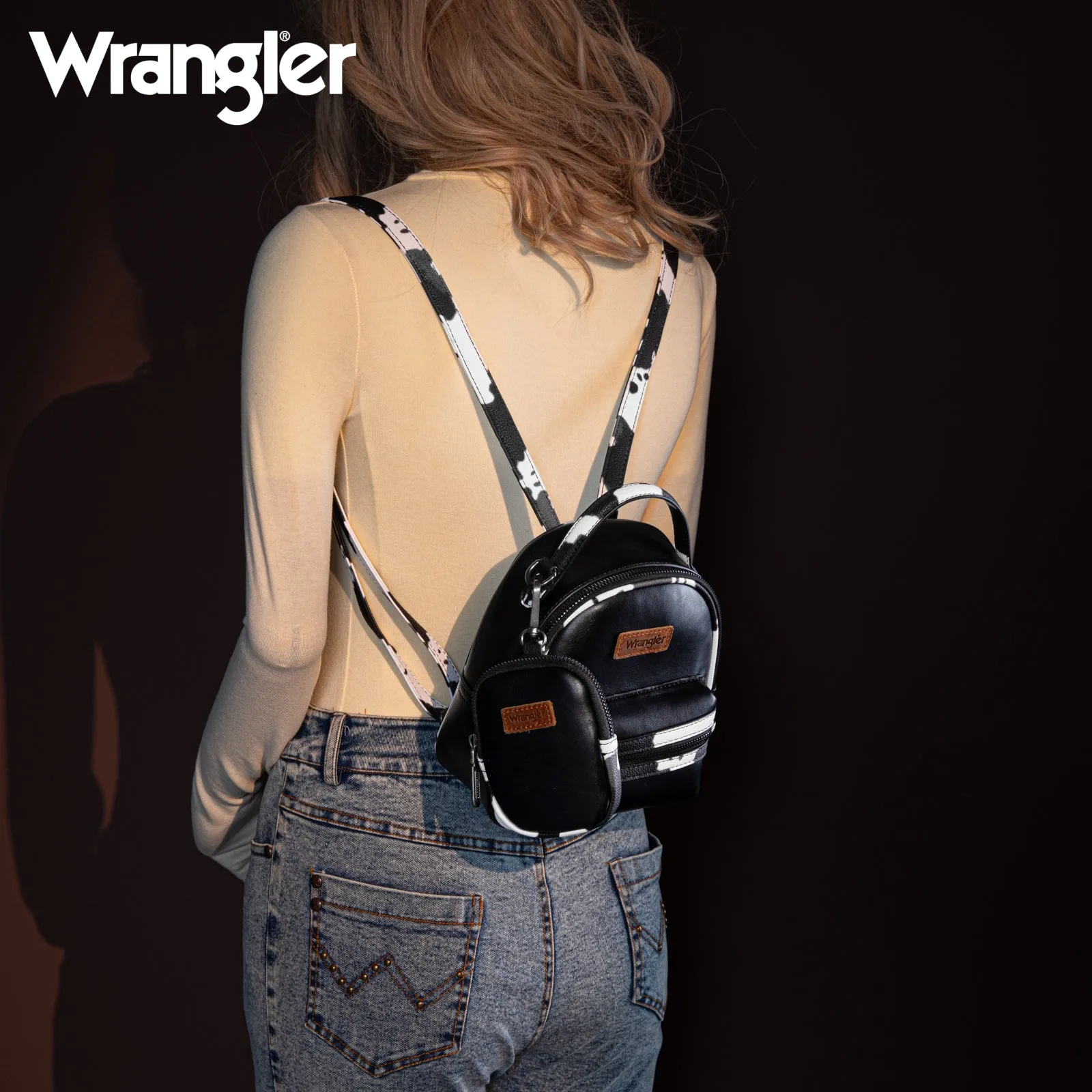 WG102-8600  Wrangler Cow Print Trimmed Mini Backpack With Coin Pouch - Black