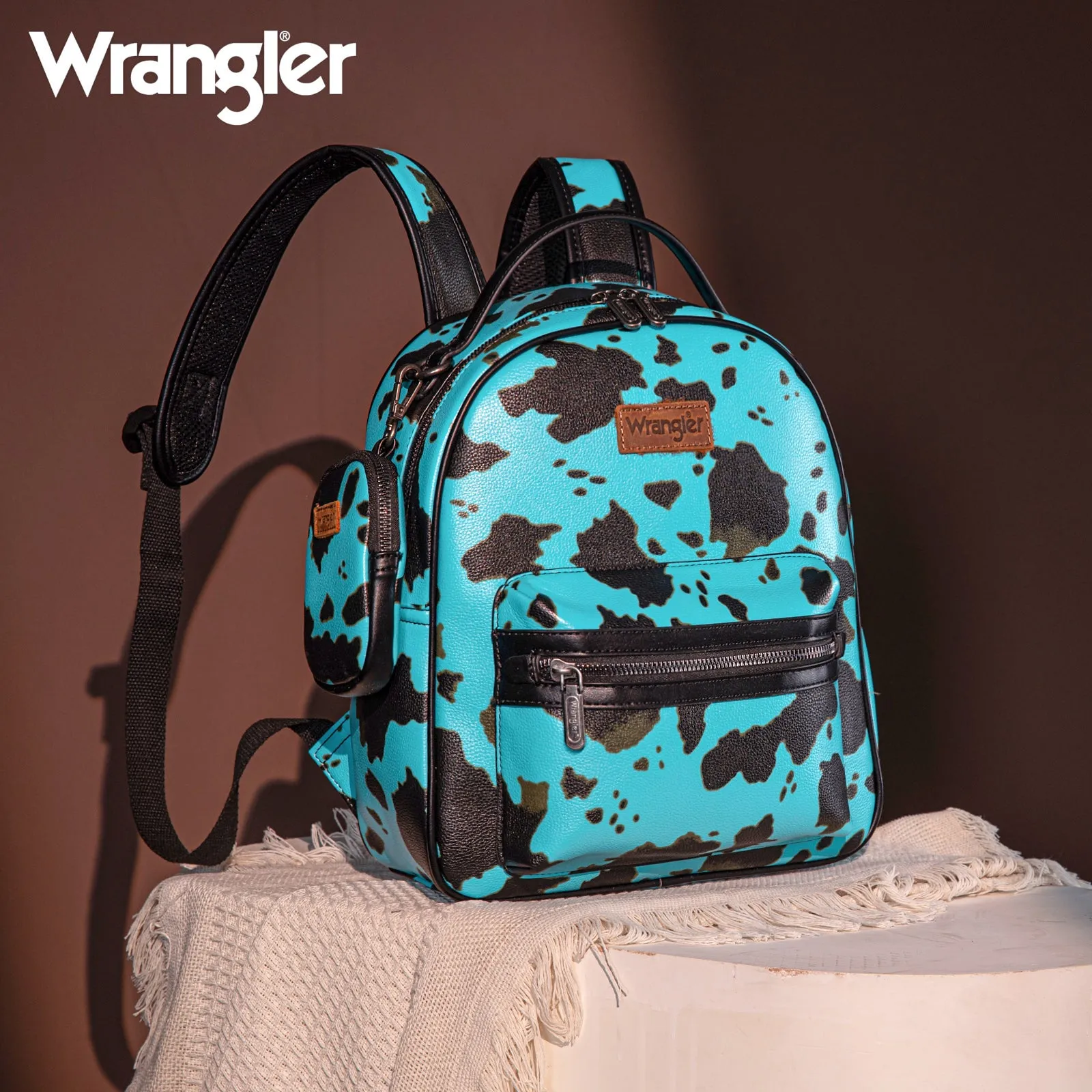 WG133-8603  Wrangler Cow Print Backpack With Coin Pouch - Turquoise