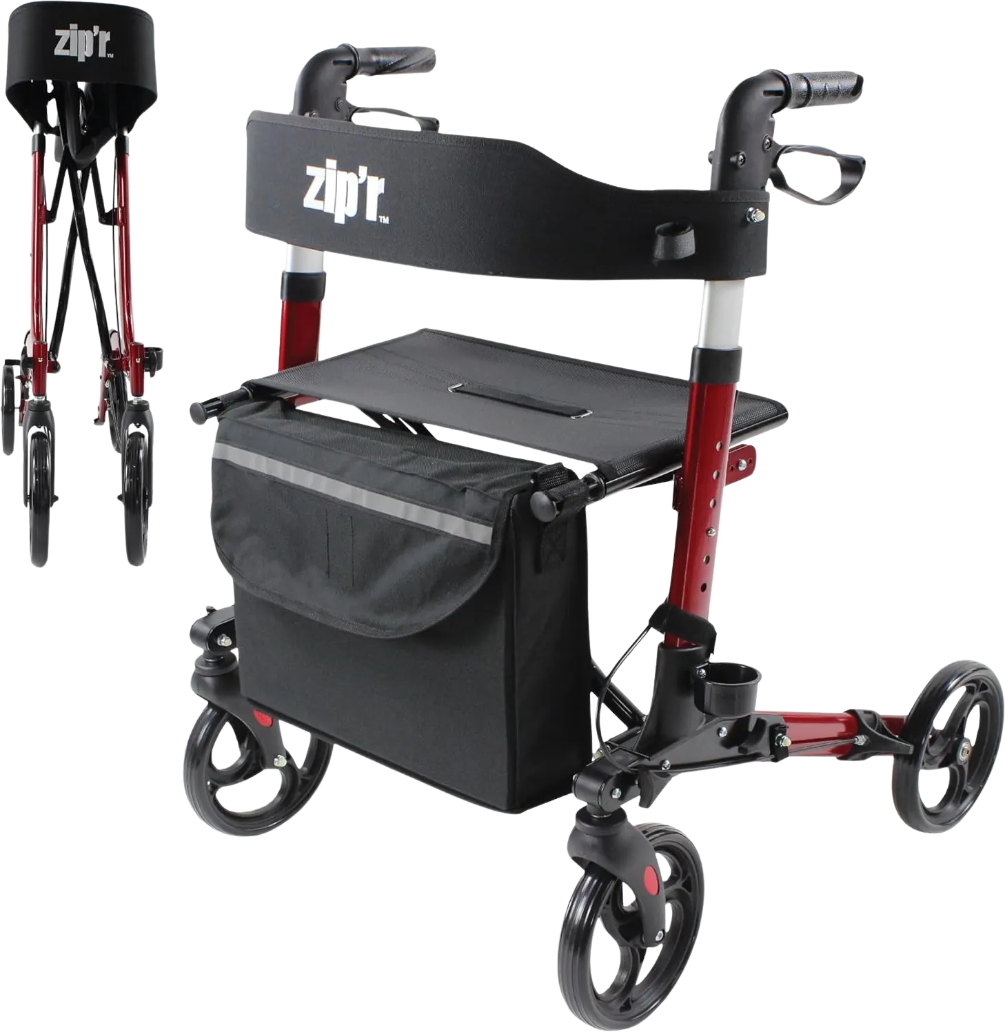 Zip’r Pioneer Rollator Walker with Seat and Storage 300 Lbs Capacity for 4'9"-6'4" Riders Folding ZIP21RED New